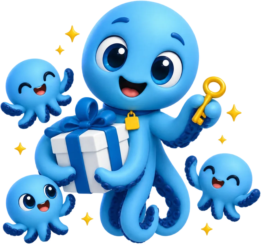 Polvo mascote com um presente e uma chave, cercado de polvinhos felizes: o benefício do grupo