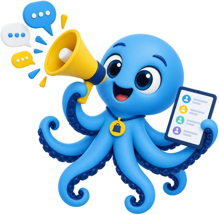 Polvo mascote com um megafone e uma lista de contatos, falando com a própria audiência