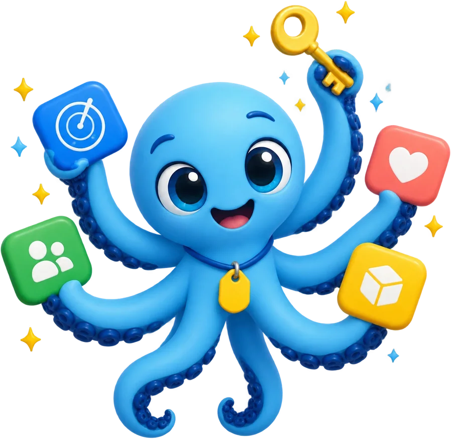 Polvo mascote segurando quatro aplicativos e uma chave: um login só