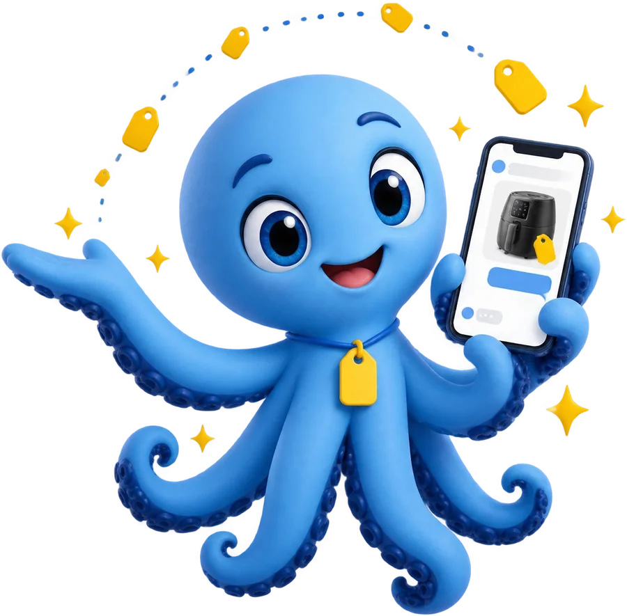 Polvo mascote apresentando uma oferta que chega ao celular com o link trocado